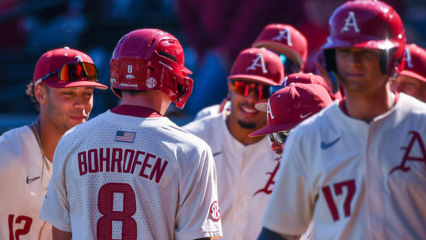 Razorbacks celebrate homer by Jace Bohrofen against Little Rock on Wednesday
